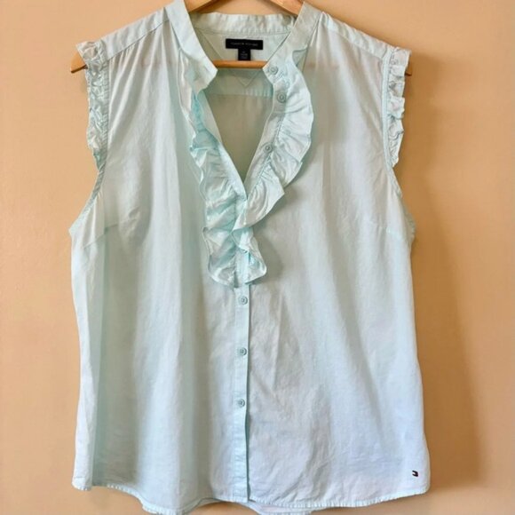 Tommy Hilfiger Pastel Blue Button Ruffled Sleeveless Fitted Shirt Size XL - Picture 1 of 7